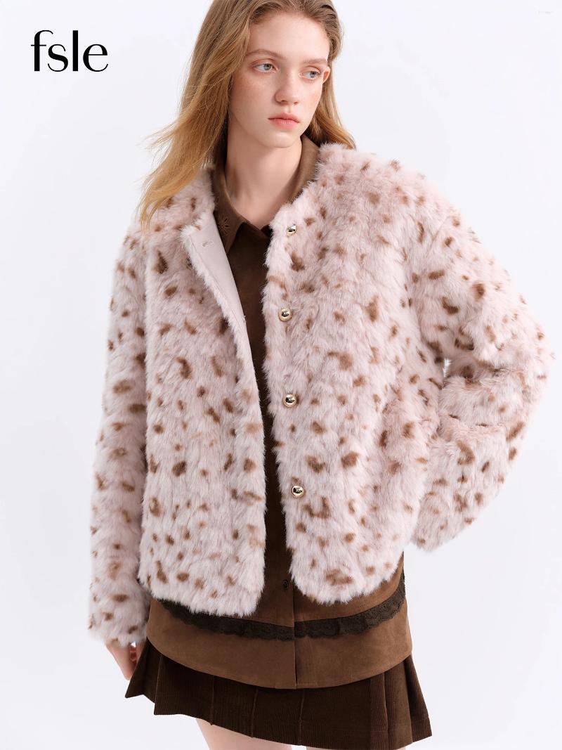 Women's Fur FSLE Chestnut Brown Leopard Print Women Faux Stylish A Line Trench Coat Fall Winter 2026 Arrival Cozy c1