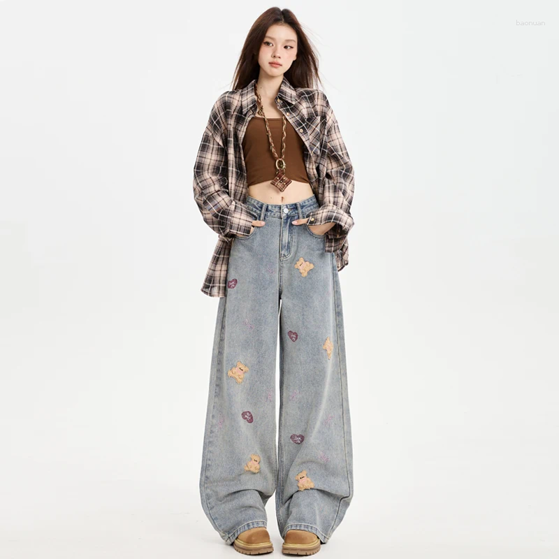 Jeans da donna Y2K Pantaloni larghi da donna Casual Comodi pantaloni in denim a gamba larga con ricamo retrò Orso Streetwear Moda 99