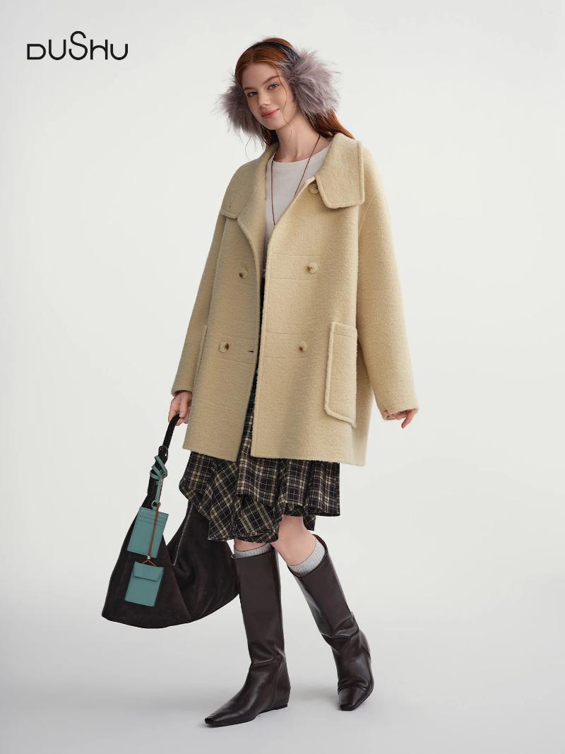 Women's Wool DUSHU Oatmeal Stand Collar Double breasted Patch Pocket Woolen Coat 2026 Winter Simple Sweet Temperament Korean 47