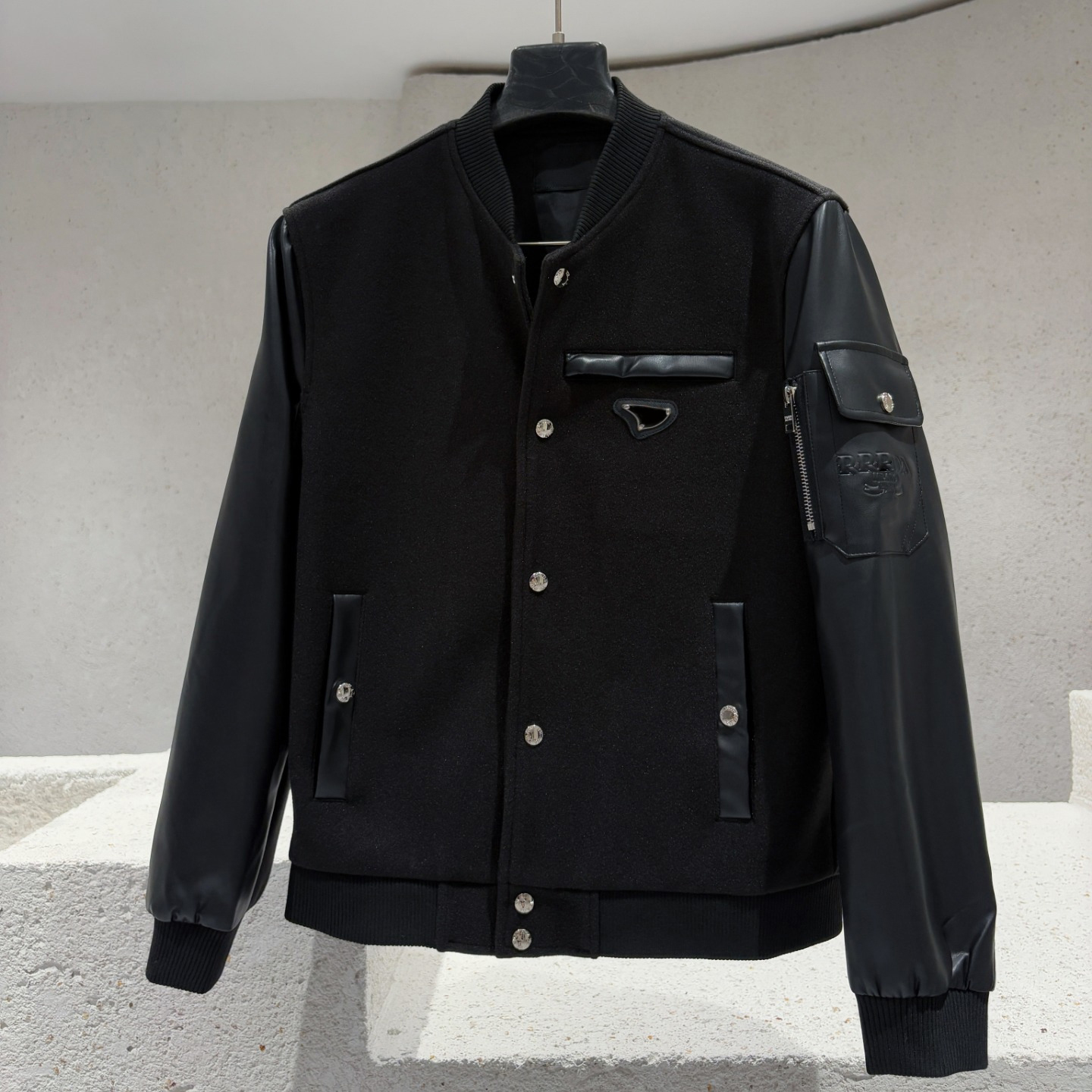 2026 new men's high-end luxury woolen fabric men's lapel PU leather splicing fashionable baseball jacket casual jacket Designer casual aut