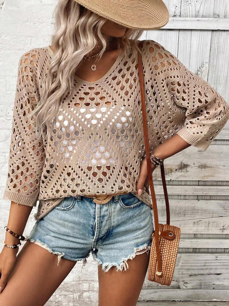 Women's Sweaters Elegant Casual Loose Knitted Hollow Sleeve Sweater Large Perforated Fashionable Versatile Top For Women Knitwear 08
