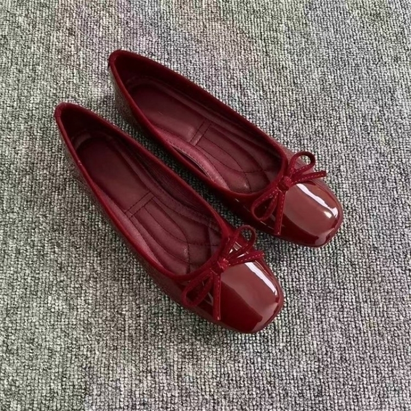 2026 Womens Patent Leather Bow Ballet Flats Square Toe Soft Sole Slipon Casual Shoes for Spring Summer 260831
