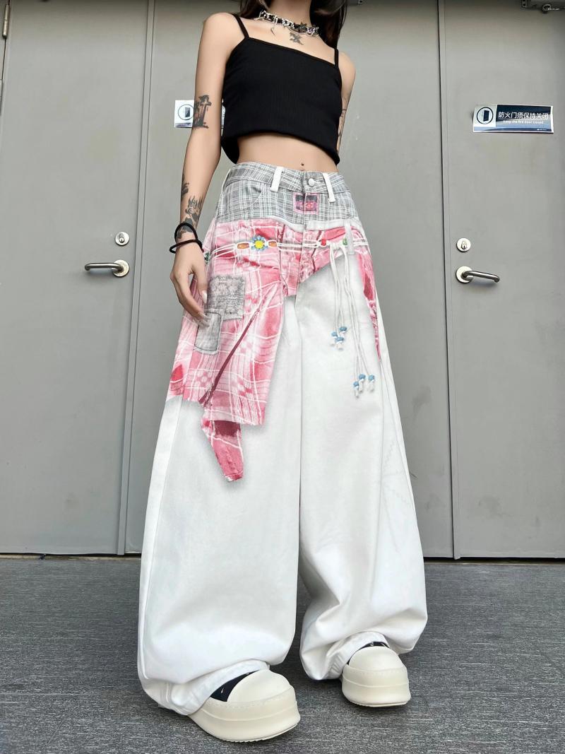 Women's Jeans American Retro Recombination Style Spliced Wide Leg With Extended Plaid Fake Two Piece Printed Fabric White Denim Pants 72