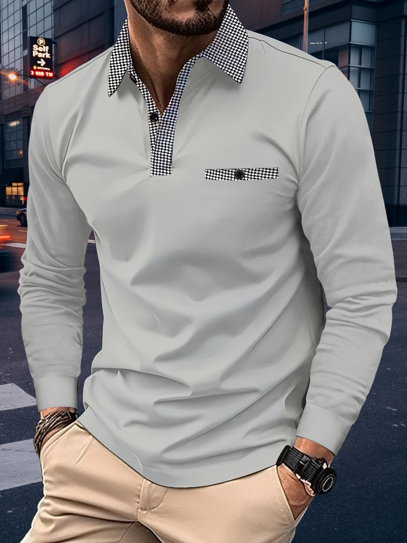 Houndstooth Casual Golf Polo Shirt European And American Men's Summer Thin Solid Color Long Sleeve