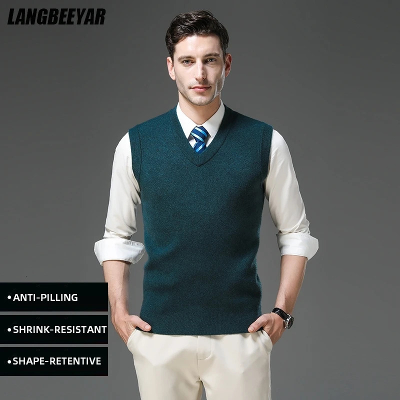 Top Grade AntiPilling Thick Autum Winter Fashion V Neck Business Casual Men Knit Pullover Sweater Vest Sleeveless 260902