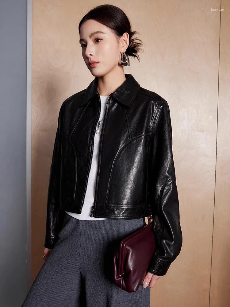 Women's Leather Slim Cropped Genuine Jackets For Women High end Simple Soft Oil Wax Black Real Sheepskin Coat Casaca De Cuero Mujer 86
