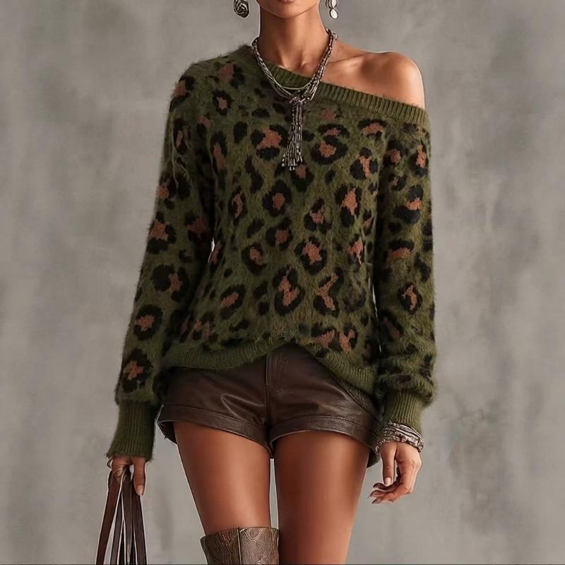 Women Olive Green Leopard Print Off Shoulder Fuzzy Knit Sweater Loose Long Sleeve Pullover Jumper Casual Warm Autumn Winter Daily Street Knit Top