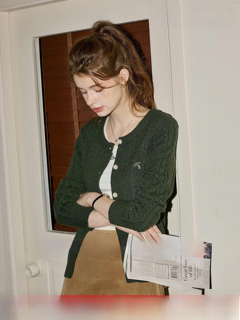 Women's Sweaters KuHNMarvin Knitted Open Cardigan Green Knot Design Soft Long Sleeve Top Korean Style Commute Fashion Autumn Wear a3