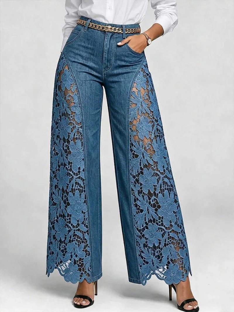 Jeans da donna Pantaloni casual quotidiani larghi e fluidi in denim a gamba larga con cuciture in pizzo a vita alta da donna