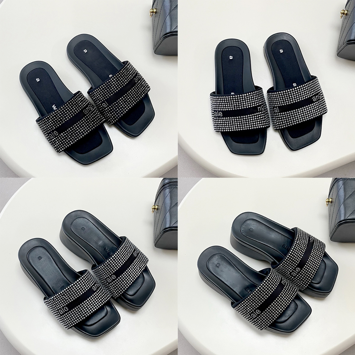 Bling Rhinestone slippers Summer Fashion Wedge Home Rubber sandale luxurys Designer sandals Beach pool Casual shoes women Mule Square Open Toe Soft
