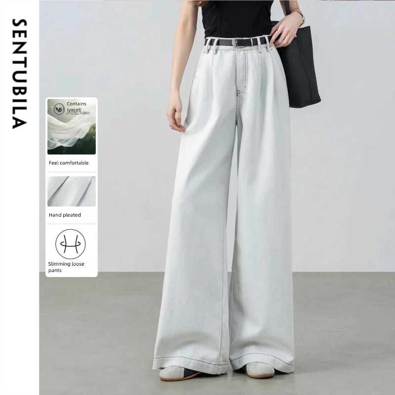 Jeans da donna SENTUBILA 2026 Primavera Lyocell Pantaloni a vita alta in denim a gamba larga Pantaloni semplici da ufficio W61NA6041 b1
