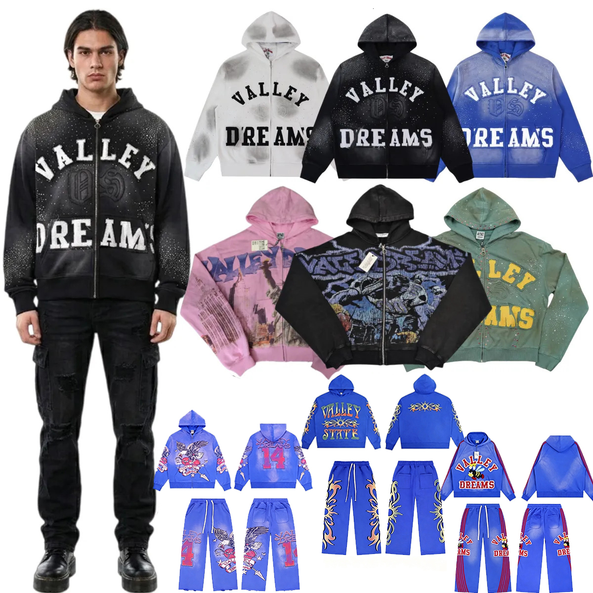 Designer Hoodies Valleys Dreams Mens Zip Up Hoodie Long Sleeve Y2K Streetwear Clothing Sweatshirt Tech Fleece Jacket Graphic Hoodie Clothes Oversize