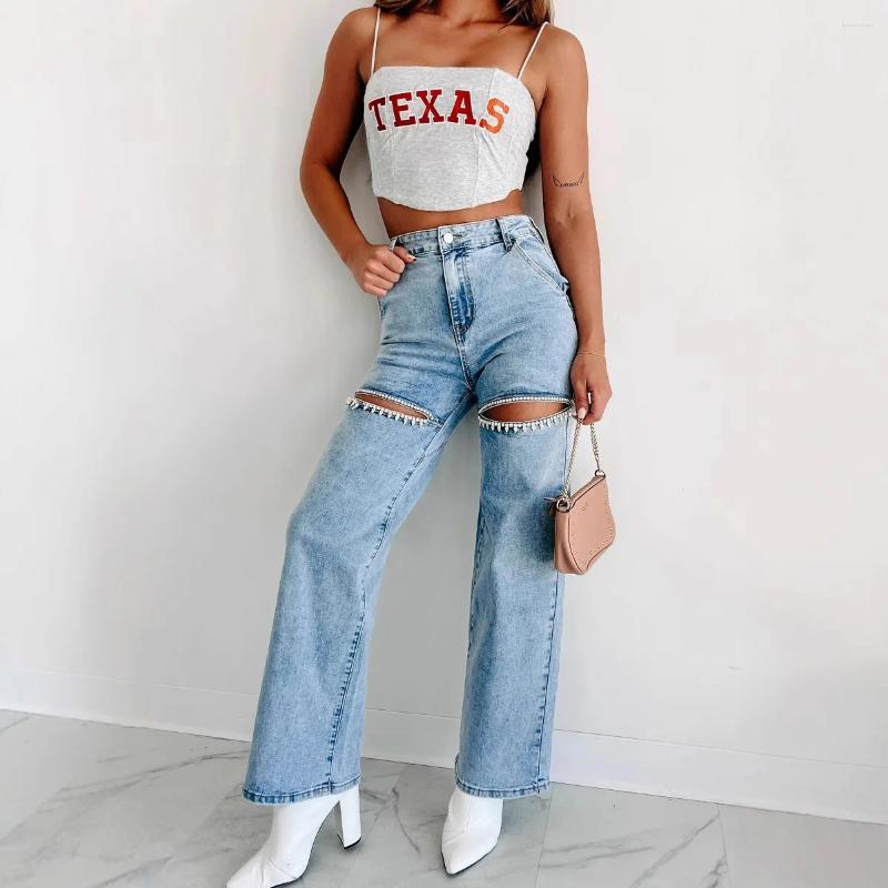 Jeans da donna Abbigliamento primaverile Strappato Abbigliamento casual effetto consumato Gamba dritta per donna Pantaloni in tessuto denim di coton