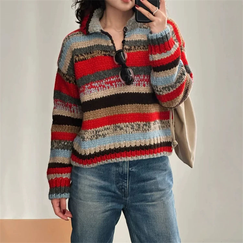 High-Quality Autumn New Style Wool Blend Retro Color Block Striped Collar Knitted Sweater Women's Fashion Casual Overhead Shirt MAKOUFEI