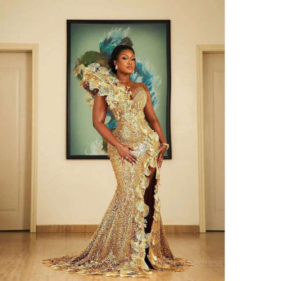 Gold Plus Size Aso Ebi Prom Dresses For Black Women Evening Sequined Lace Mermaid Sexy Side Split Birthday Party Dress Reception Engagement Gowns su