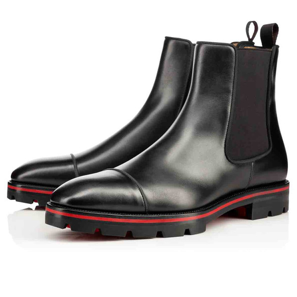 Paris Red Soles Designer Man Ankle Boots Red Bottom Melon Boots Black Calfskin Rubber Lug Sole Mens Fashion Booty Famous Party Wedding