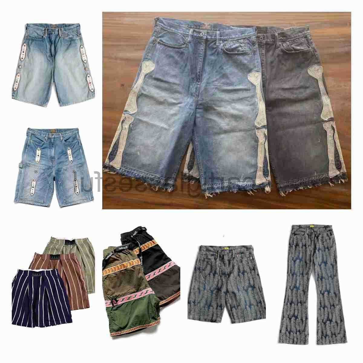 Mens Shorts KAPITAL 23SS 21SS Blue Dyed Retro Distressed Loose Rivet-Inlaid Gemstone Denim Cotton jeans Jacquard feather pants bell bottoms Nylon ca