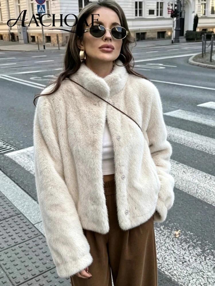 Women's Fur AACHOAE Women Faux Jacket Winter Coat Stand Collar Long Sleeve Snap Button Warm Loose Casual Elegant Outerwear dd