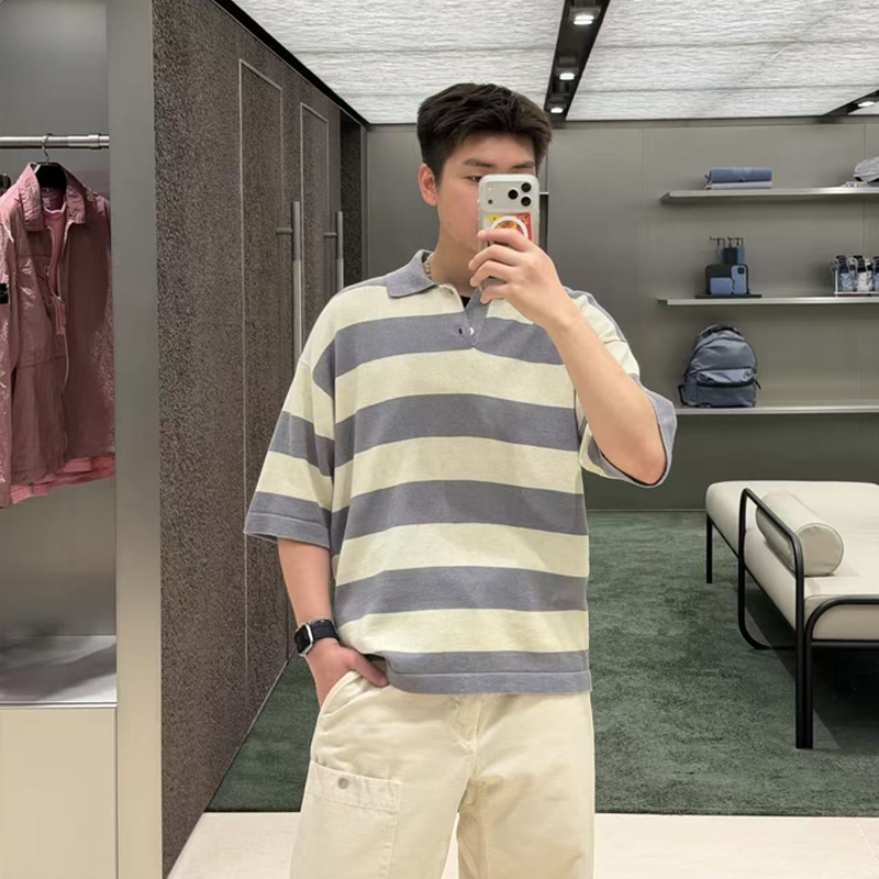 Men Cotton Linen Striped Polo Shirt Nautical Wide Stripe Short Sleeve Knit Top Half Button Loose Fit Two Colors Sizes M-XXL