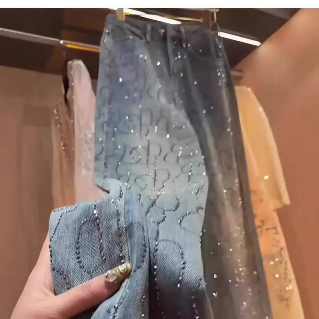 Women's Jeans Spring New Arrival Premium Heavyweight High Waisted Slimming Straight Leg Jeans with Blue Double Color Hot Fix Rhinestones