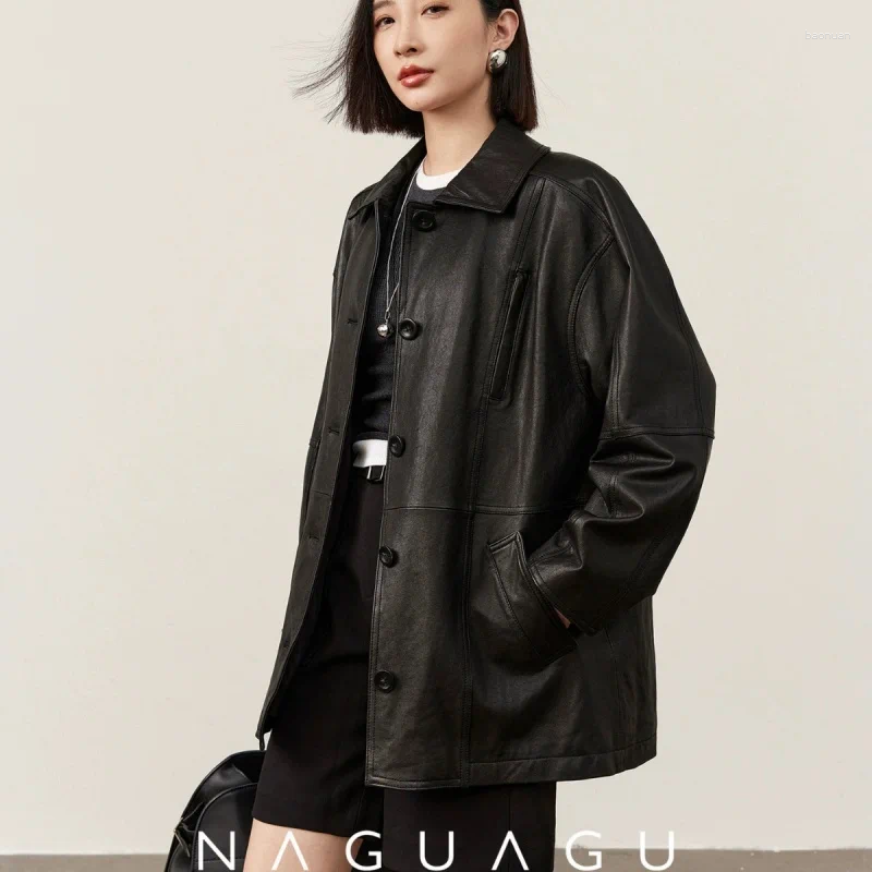 Women's Leather Genuine Trench Coat Full Grain Sheepskin Tanned Outerwear Classic Turn Down Collar Uncoated Traditional Style c1