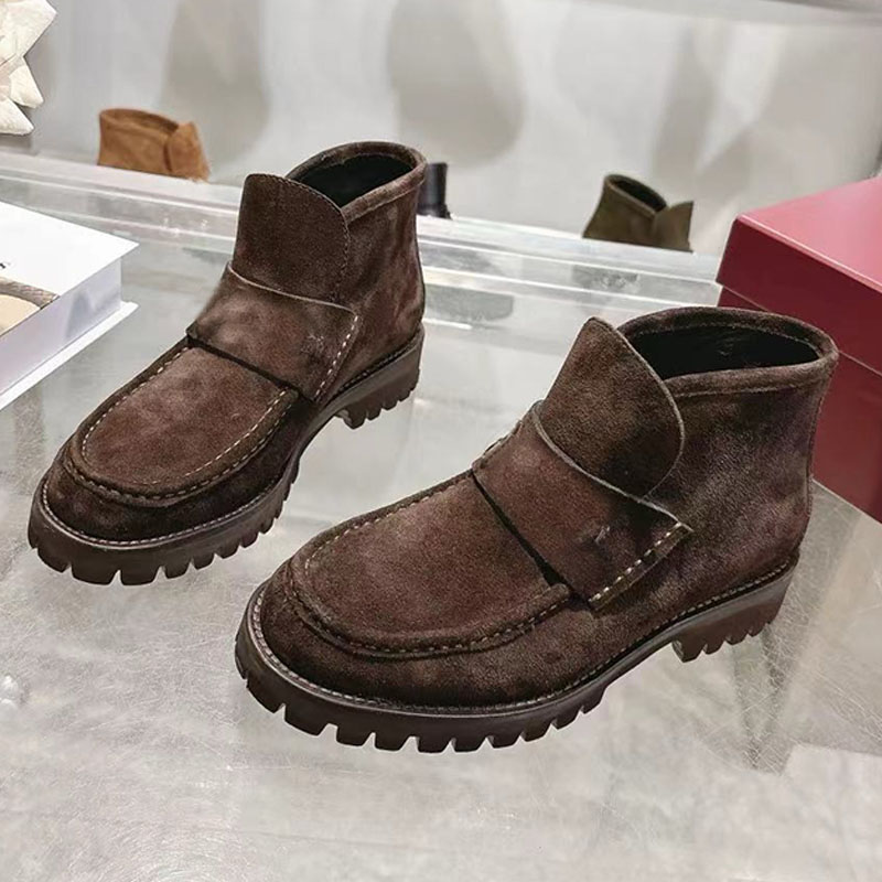 Womens Dark brown suede ankle boot classic shape Light gold toned hardware decoration ankle boot distinctive vintage design lady smart shoes loafers