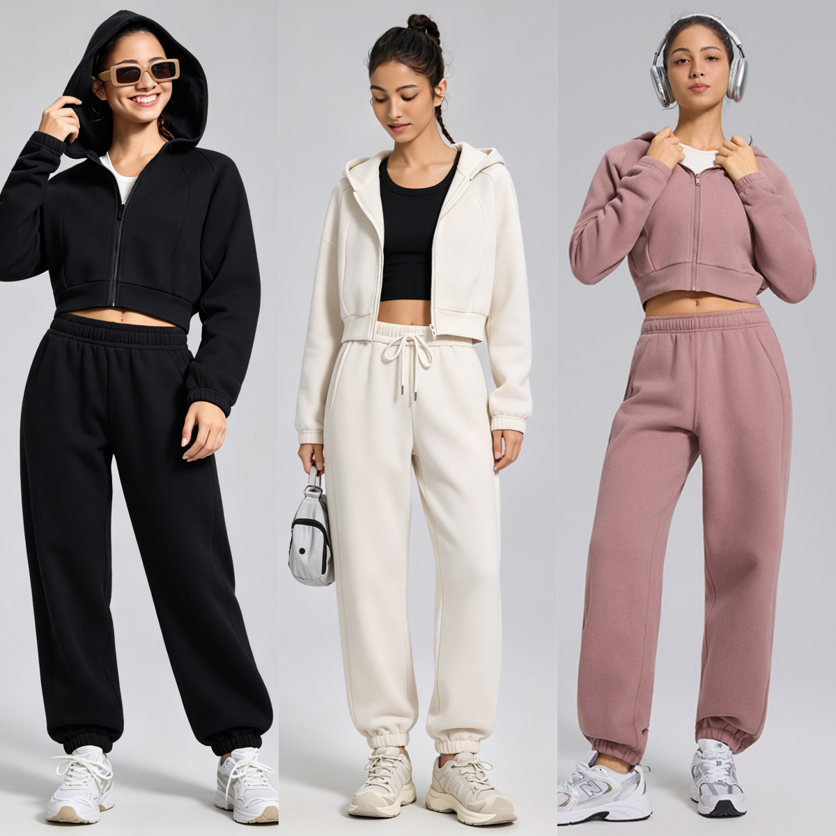 L6522-UU Nouvelle mode femmes loisirs polaire chaud court pull pleine veste à capuche avec fermeture éclair en plein air course jambe attaché pan