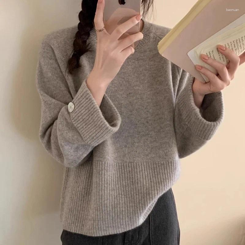 Women's Sweaters Korean Style Retro Crew Neck Pullover Base Sweater For Women Autumn Winter Niche Design Button Knit Top 43