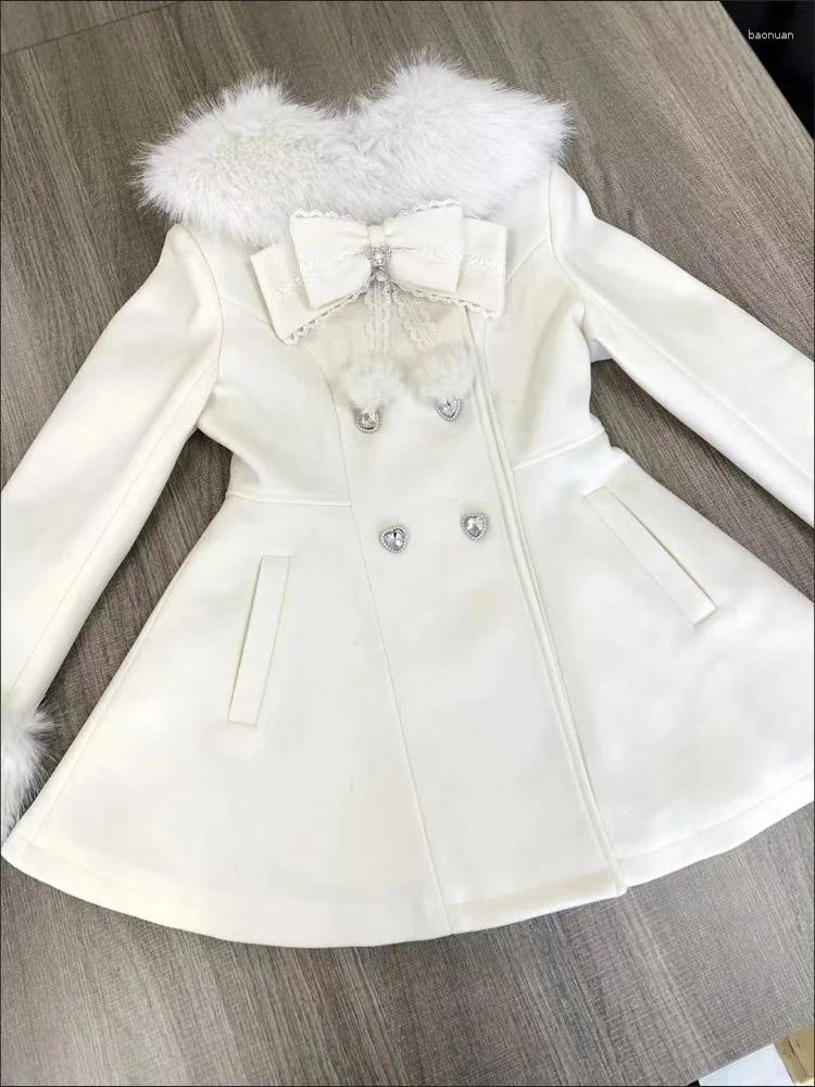 Women's Wool Japanese Autumn Winter Elegant Kawaii Coat Women Faux Fur Collar Long Sleeve Tops Casual Lolita Bow Button Warm Sweet Jacket e3