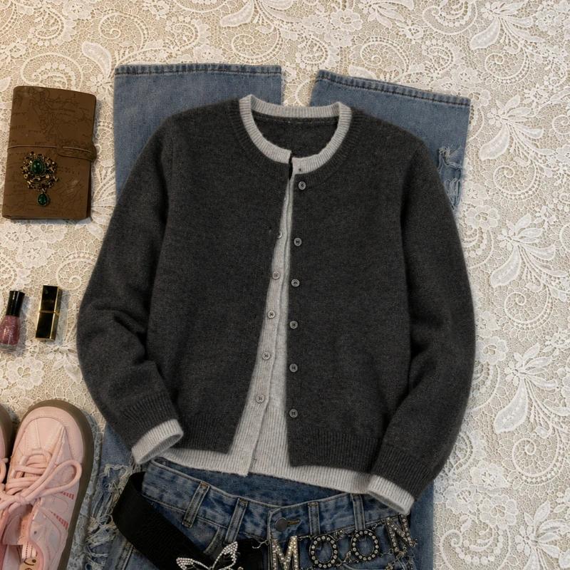 Women's Sweaters Korean Chic Patchwork Pullovers Sweet Fake Two Piece Tops Harajuku Y2K Knitted Cardigan Autumn Lazy Outerwear Sweater For 2a