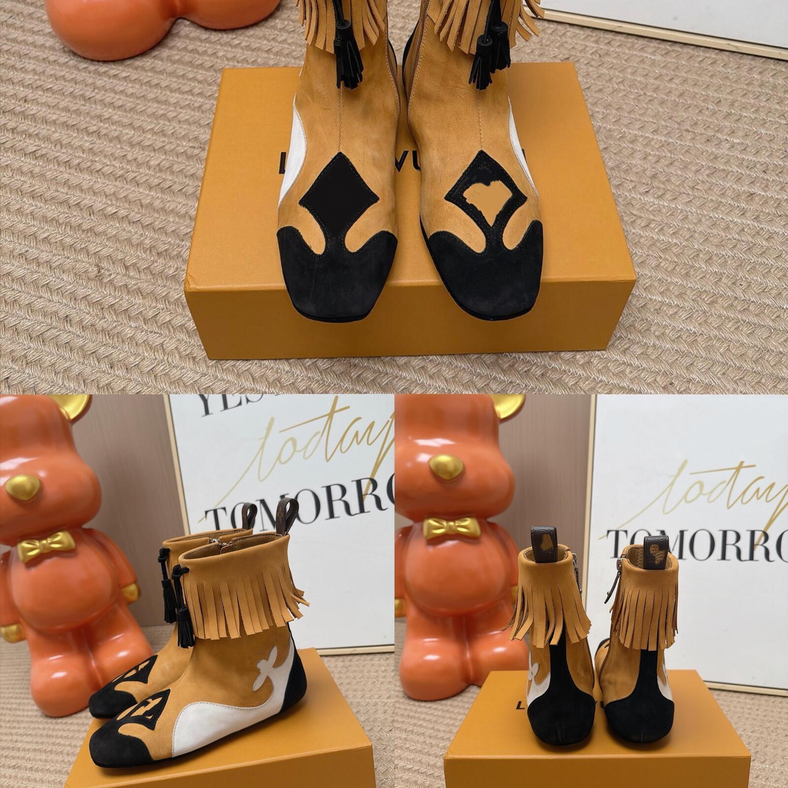 Cowboy Boot Designer Woman Luxury Yellow Brown Suede Leather Fringe Western Flat Low Heel Toe Fall Winter Casual Fashion Footwear Comfort Sole Moder
