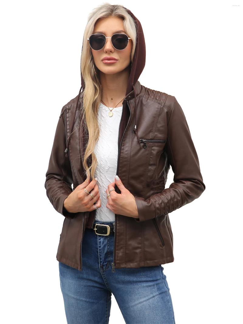 Women's Leather PU Washed Jacket Detachable Hood Large Fit Windproof Autumn Zip Top Locomotive 67