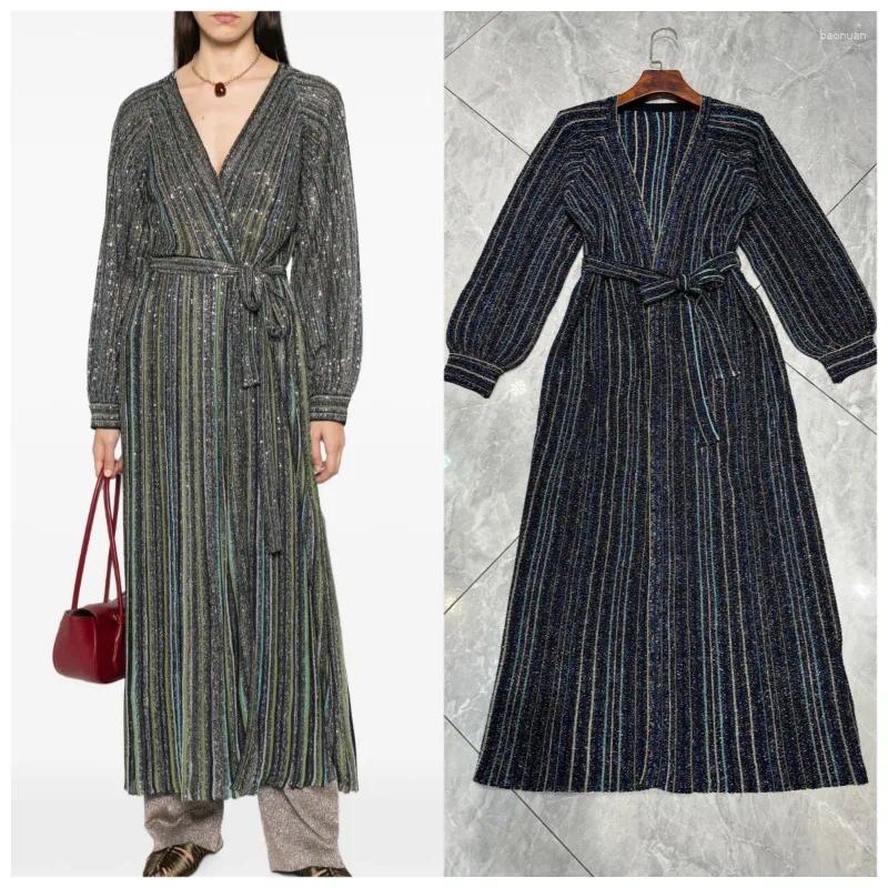 Women's Trench Coats Bohemian Long Coat For Women 2026 Autumn Striped Knitted Tie Fashion Jacket Elegant Evening Dress Clothing b5
