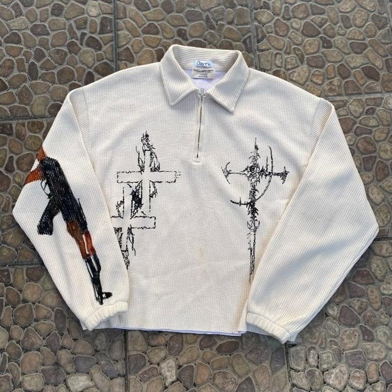 Sweat-shirt à col polo en tricot gaufré pour femmes, Vintage, imprimé d'armes croisées, court à manches longues, pull Streetwear décontracté, hau