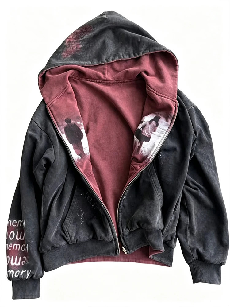 Unisex Retro Washed DoubleSided Zipper Hoodie Black And Red Reversible Memory Printed Street Style Loose Fitted Jacket 260903