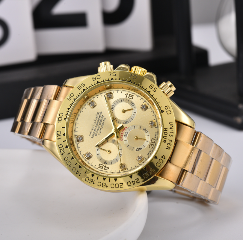 Luxury men's DAY timing quartz watch 40mm speedometer bezel stainless steel gold strap diamond scale multi-color dial business sports men'