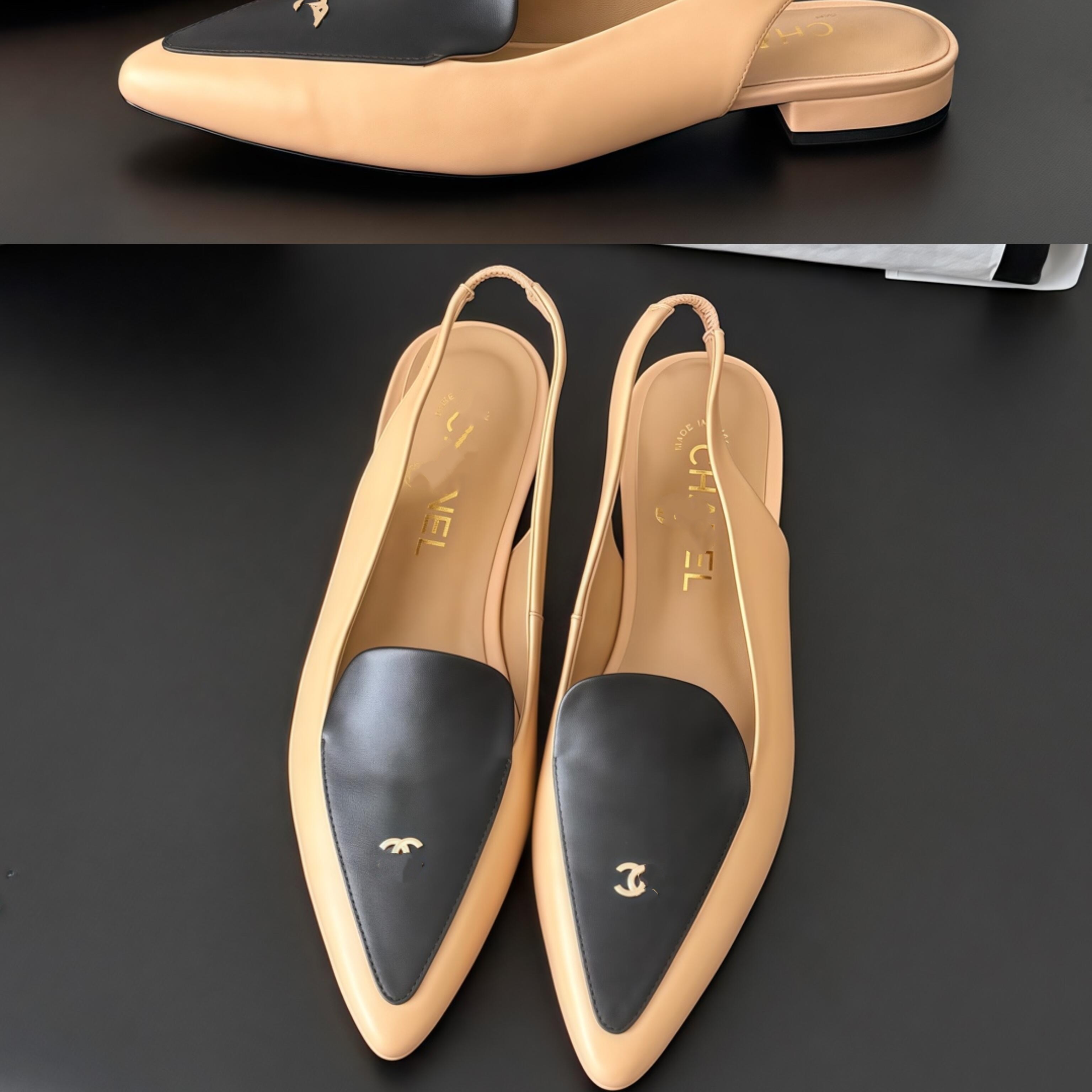 Summer Shoe Designer Womens Luxury White Black Leather Slingback Flat Low Heel Toe Spring Office Work Formal Fashion Footwear Comfort Sole Modern Tr