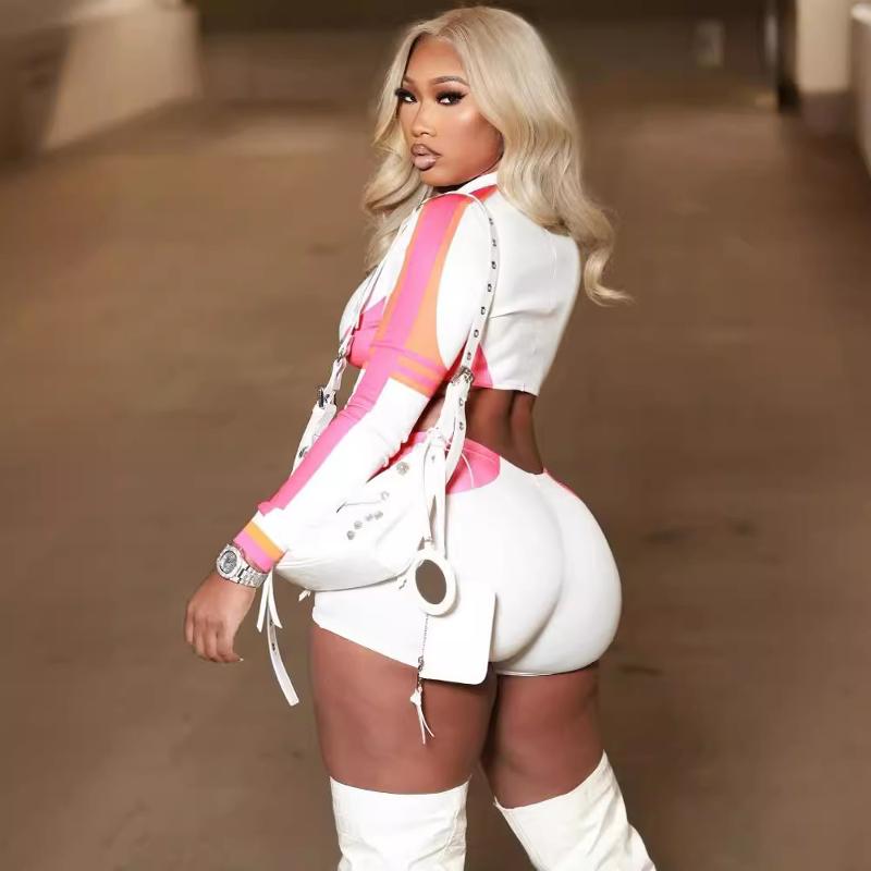 Femmes Color Block 2 Pièces Tenue À Manches Longues Veste Courte Taille Haute Ensemble Short Et Haut Contraste Rayé Assorti Costume Lady Streetwe