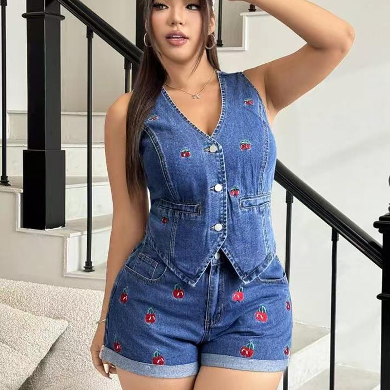 Ladies Cherry Embroidered Denim Matching Set Sleeveless Button Front Vest And Cuffed Denim Shorts Two Piece Outfit Daily Vacation