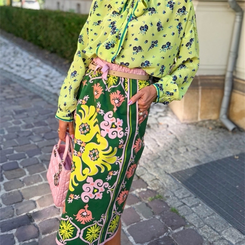 Women Printed Floral Two Piece Set Bow Tie Long Sleeve Blouse Pattern High Waist Midi Skirt Boho Chic Matching Suit 260903