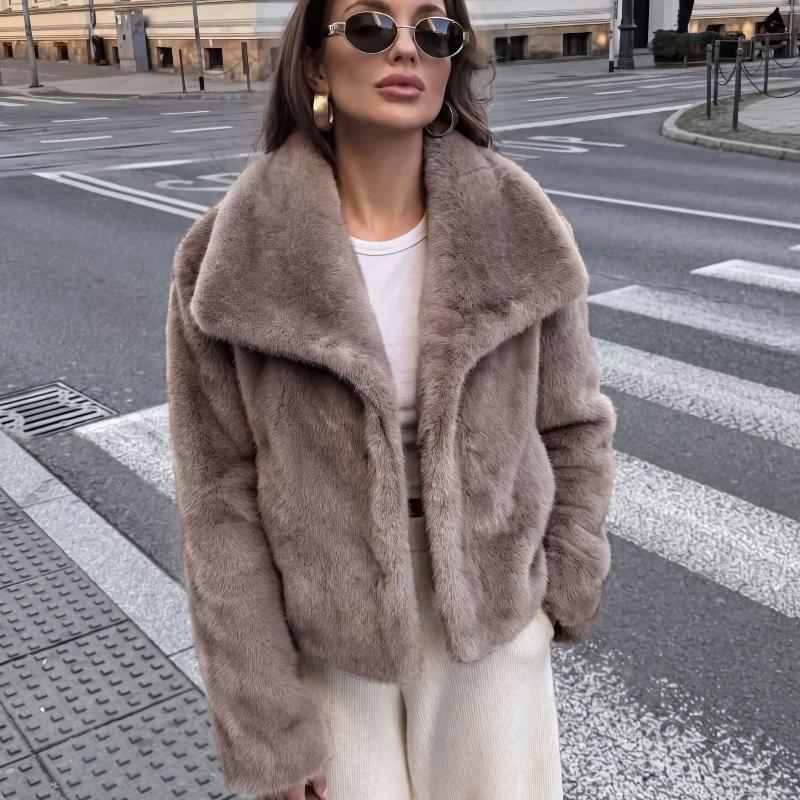 Women Faux Fur Jacket Large Lapel Collar Long Sleeve Open Front Cropped Plush Coat Warm Soft Casual Winter Outerwear For Ladies
