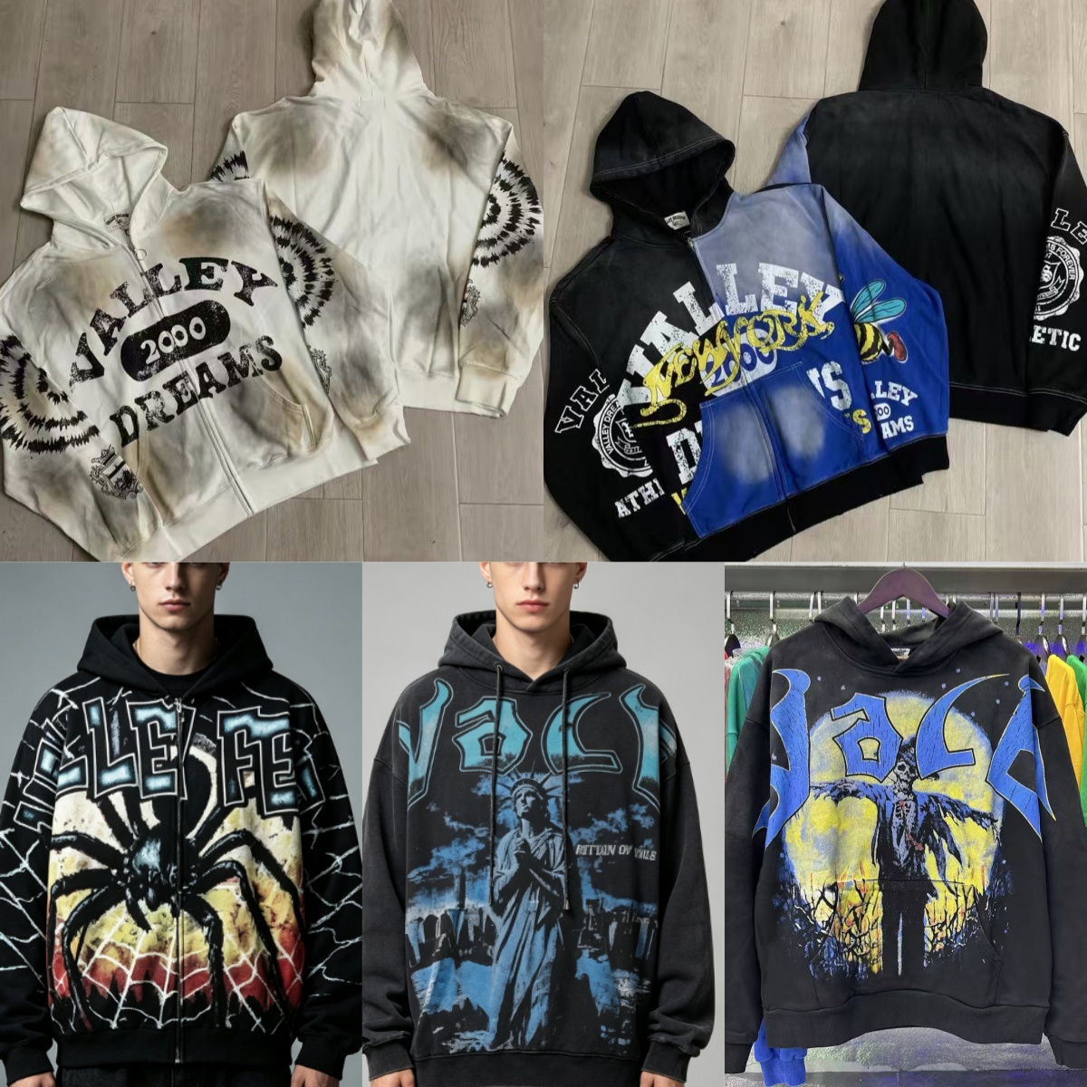 Designer Vally Vintage Washed Graphic Sweat à capuche unisexe surdimensionné Dreamy Liberty Figure Print Pull Rétro Streetwear Sweat à capuche Fi
