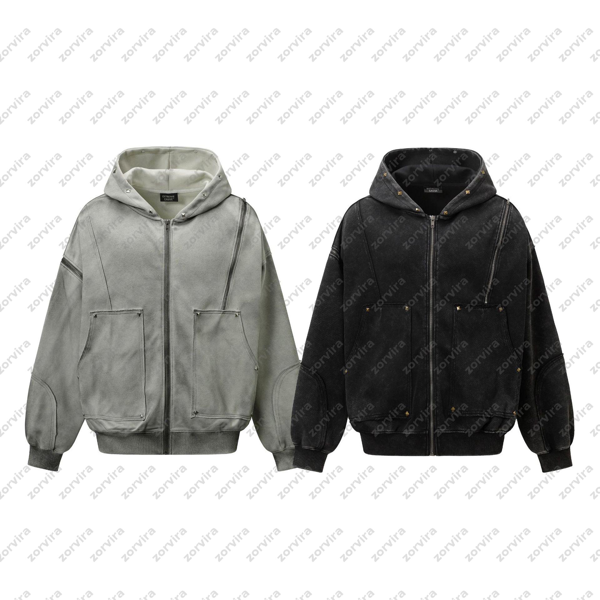 Vintage Washed Distressed Zip Up Hoodie Jacket Men Streetwear Hip Hop Patchwork Pocket Hooded Coat Loose Casual Outerwear