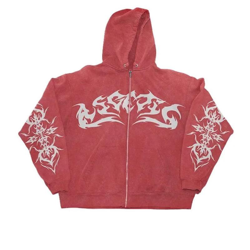 Oversized Y2K Gothic Zip Up Hoodie Vintage Washed Red Tribal Flame Pattern Full Zip Hooded Sweatshirt Street Hip Hop Loose Fit Casual Outerwear Unis