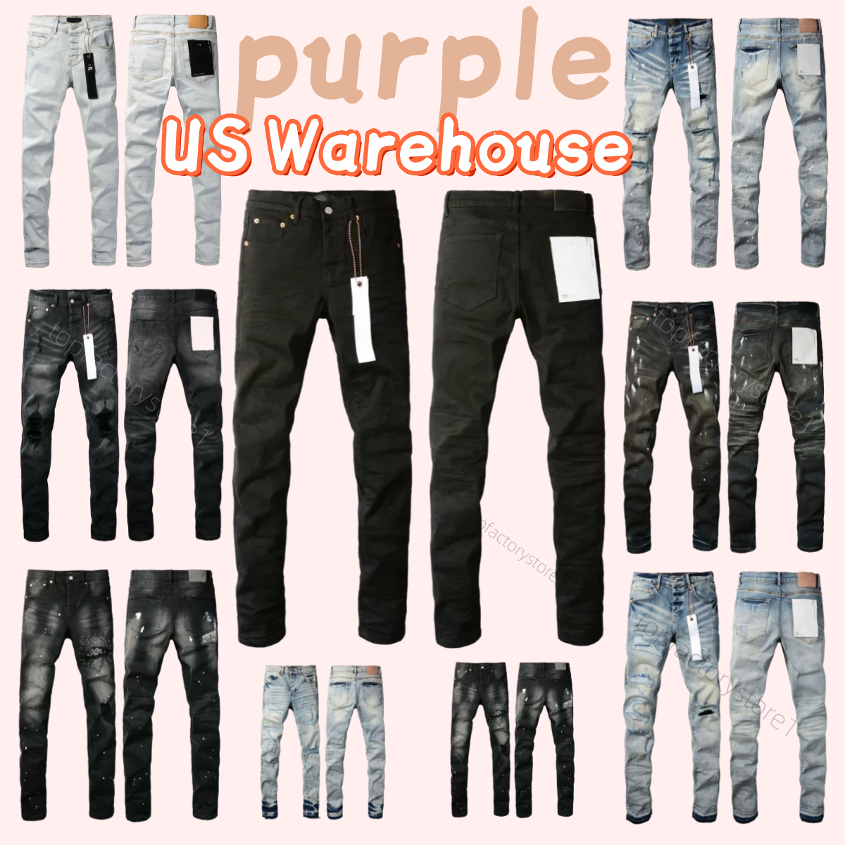 Vintage Washed Distressed purple 1:1 Jeans Men Slim Fit High Street Ripped Denim Trousers Splatter Paint Patch Work Casual Bottoms Multi color Black