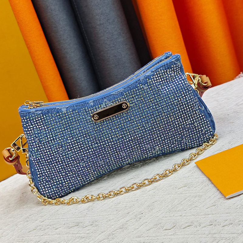 10A Designer Women Rhinestone Denim Baguette Shoulder Bag Glitter Crystal Bling Clutch Purse Detachable Gold Chain Strap Crossbody Handbag for Party