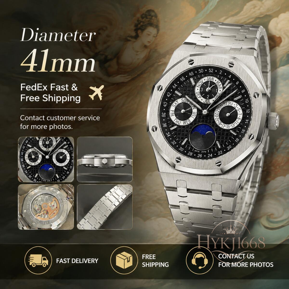 41mm Men's Perpetual Calendar Automatic Mechanical Watch, Stainless Steel Octagonal Case, Moon Phase Display, Transparent Case Back 8215