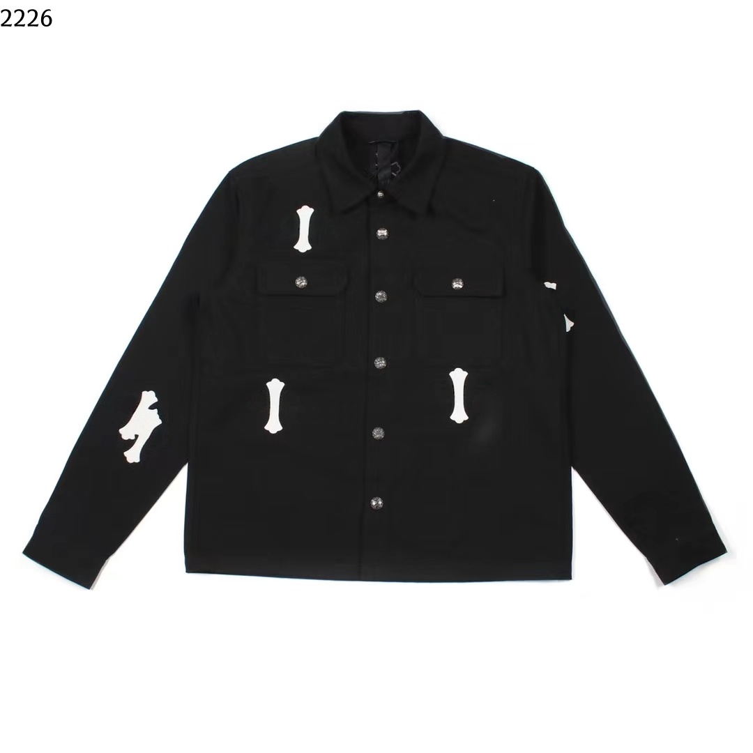 2026 Fall Chrome Luxury Designer Unisex Cotton Shirt Jacket Real Leather Cross Embroidery Silver Plated Button Heavy Weight Casual Outerwear