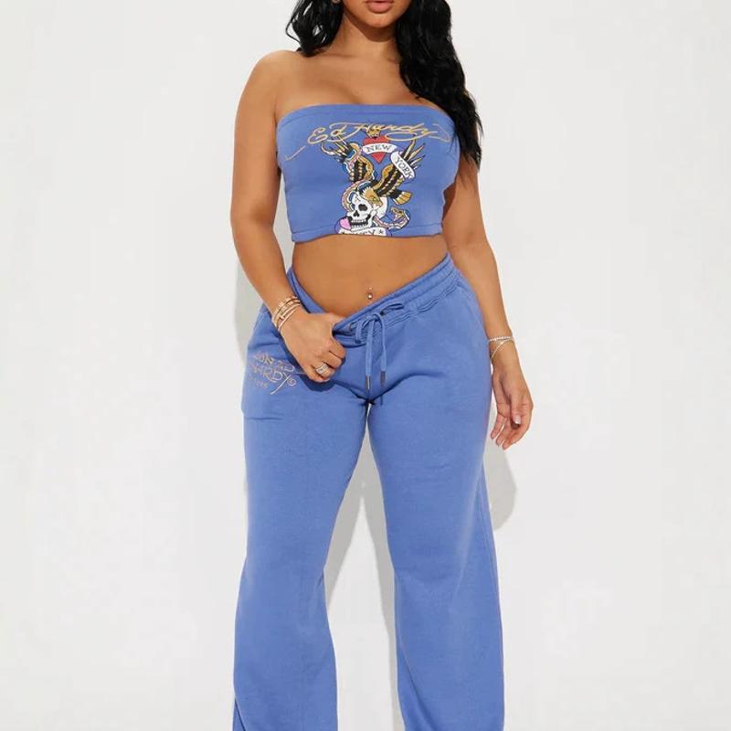 Ladies Vintage Graphic Strapless Crop Top And High Waist Drawstring Flare Sweatpants Two Piece Set Trendy Hip Hop Streetwear Casual Daily Wear Match