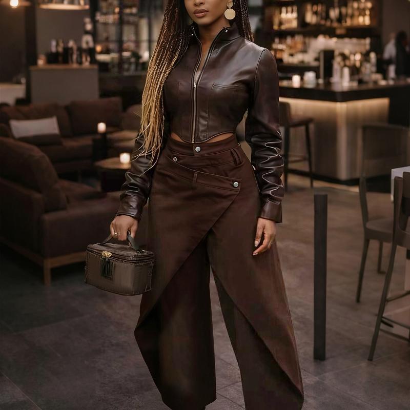 Mode Femmes Taille Haute Jupe Portefeuille Pantalon Marron Irrégulier Fendu Pantalon Large Bouton Décor Chic Streetwear Coupe Ample Décontracté Q